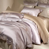 Qfdian Flower Jacquard Color Blocking Luxury Bedding Set Lyocell Cotton Soft Silky Duvet Cover Flat/Fitted Bed Sheet Pillowcases 4Pcs