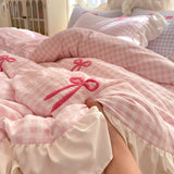 Qfdian  Korean Style Bedding Sets Pink Grid Bow Quilt Cover Romantic Bed Sheet Sets Woman Girls Bedroom Duvet Cover 4pcs