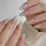 Qfdian  24Pcs Cat Eye Fake Nails Rhinestone Pearl Press on Nails Glitter Star Nail Art Sweet Bowknot False Nails French Almond Nail Tips