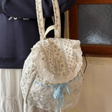 Qfdian Korean Lace Patchwork Sweet Bow Backpack Women Students Chic Flower Print Bow Schoolbags Y2k Aesthetic Girls All Match Backpacks