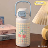 Qfdian  700ML Cute Bow Thermo Water Bottle For Girls Portable Handle 316 Double Drinking Outdoor Sports Straw Vacuum Thermal Bottle Gift