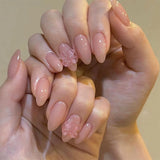 Qfdian  24pcs Nude Pink Almond False Nails Glossy Bowkots Decor Press On Nails Full Cover Short Round Sweet Korean Style Fake Nail Tips