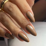 Qfdian  24Pcs Solid Color Grey Almond Fake Nail Cat's Eye Design Wearable Round Head False Nails with Shiny Powder Press on Nails