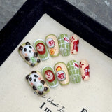 Qfdian  Handmade Fake Nails Pink Strawberry Cute Rabbit Diamond Designed Short Round Press on Nails for Women Girls Daily DIY Manicure