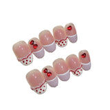 Qfdian 10Pcs Cute Dot French Handmade False Nails Press On Nails Wearable Fake Nails Short Oval With Bow Small Love Diamond Decor Nails