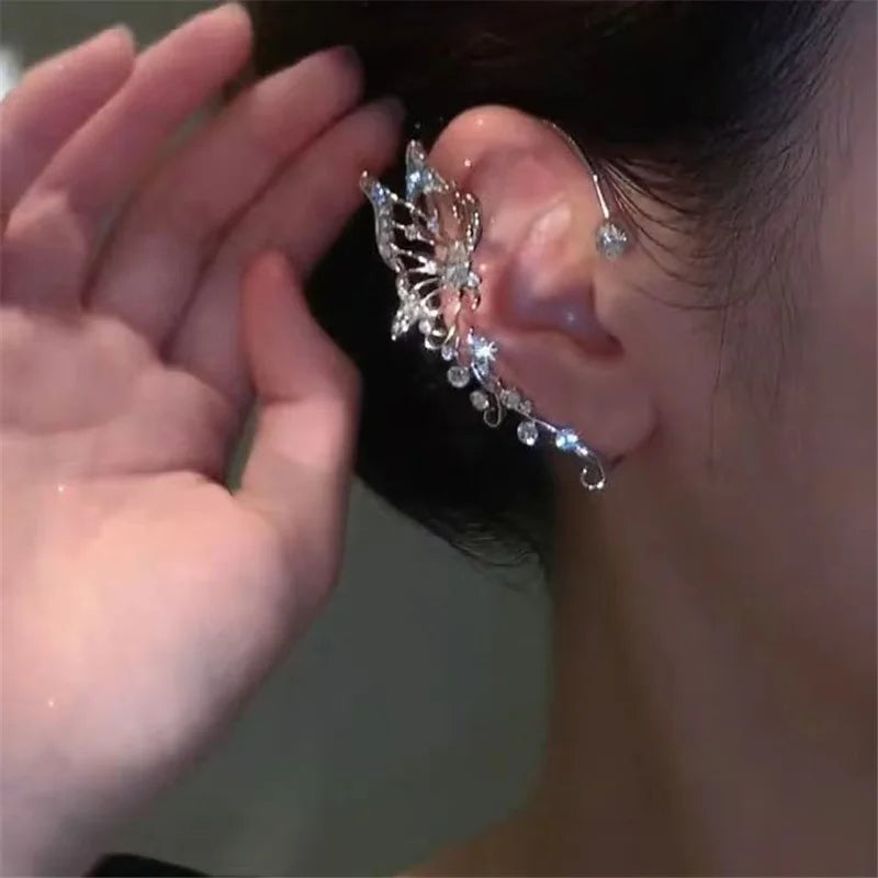 Korean Fashion Zircon Butterfly Elf Ear Cuff for Women Sparkling Zircon Crystal Without Piercing Clip Earrings Wedding Jewelry