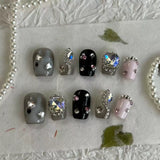 Qfdian  10Pcs Noble Purple Handmade Press on Nails Delicate Short Square Fake Nail Sweet Cool Y2k Diamond False Nails Cat Eye Nails Art