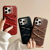 Qfdian Retro Fashion Lovely Bowknot Leather Case For iPhone 16 15 13 14 Pro Max Soft Matte TPU Phone Back Cover