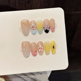 Qfdian  10pcs Handmade White French Press on Nails Nude Pink Almond Design False Nails Wearable Sweet 3D Flower Decor Fake Nail Tips