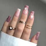 Qfdian 24Pcs Mid-length Ballet False Nails with White Wave Line Design Pink French Press on Nails Wearable Coffin Full Cover Fake Nail
