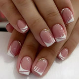 Qfdian  24Pcs Short Square Nude French Tip Press On Nails Set Reusable Acrylic Full Cover Fake Nail with Glue for Women&Girls Decoration