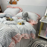 Qfdian Ins Princess Bedding Set Latticed Simple Elegant Skirt Bed Sheet Set With 2 Pillowcases Queen Size For Women Teens Bedcloths