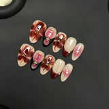 Qfdian  10pcs Handmade Short Almond Press on Nails Autumn Browm Flower Pattern Fake Nails Wearable Detachable Spice Girls False Nails