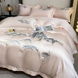 Qfdian 4Pcs New Chinese Style Landscape Embroidery Luxury Bedding Set Silky Duvet Cover Set Soft Quilt Cover Set Bed Sheet Pillowcases