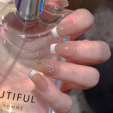 Qfdian Handmade Press on Nails French Pink Gradient Short Fake Nails Rhinestone Design False Nail Tips Wearable Reusable Nail Tip