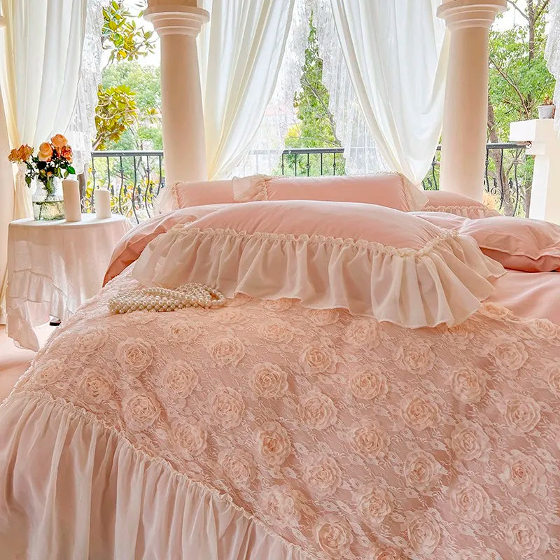 Waterfall Ruffle Lace Duvet Cover set 100%Cotton French Lace Rose Chic Wedding Princess Bedding set with Bed Sheet 2Pillowcases