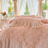 Waterfall Ruffle Lace Duvet Cover set 100%Cotton French Lace Rose Chic Wedding Princess Bedding set with Bed Sheet 2Pillowcases