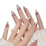 Qfdian 10Pcs Handmade Almond Press On Nails Flash Gradient Wear Pink Flower Design French False Nails Wearable Manicure Nail Tips