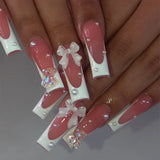 Qfdian 24Pcs Extra Long Square Fake Nail with Glue 3D Little Bear Bow Design False Nails White French Press on Nails Wearable Manicure