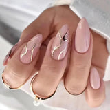 Qfdian 24Pcs Short Round Head False Nails Glitter Pink Almond Fake Nails Strawberry Full Cover Press on Nails Wearable Nail Tips
