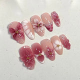 Qfdian  24pcs Red Cat Eye Press on Nails Pearl Heart Stick on Nails Bow French Fake Nails Sweet Cute Flower Nail Almond 3D False Nail