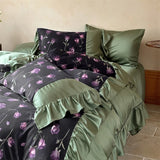 Qfdian 1000TC Egyptian Cotton Vintage Rose Prints Pleated Ruffles Purple Bedding Set Duvet Cover Flat/Fitted Bed Sheet Pillowcases 4Pcs
