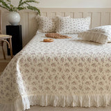 Qfdian 3/5Pcs Rose Floral Print Lace Ruffles Quilted Bedspread, Bed Cover, Mattress Topper Coverlet, Bed Sheet, With Pillowcases
