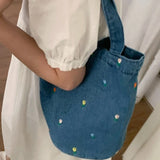 Qfdian  Casual Preppy Sweet Flower Design Handbags Women Vintage Ins Denim Shoulder Bags Y2k Aesthetic Streetwear All Match Underarm Bag