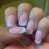 Qfdian  24Pcs Short Square Nude French Tip Press On Nails Set Reusable Acrylic Full Cover Fake Nail with Glue for Women&Girls Decoration