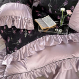 Qfdian 1000TC Egyptian Cotton Vintage Rose Prints Pleated Ruffles Purple Bedding Set Duvet Cover Flat/Fitted Bed Sheet Pillowcases 4Pcs