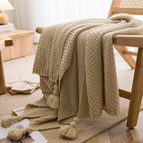 Qfdian  Nordic Blankets for Bed Sofa Couch Chunky Knit Bedspread Knitted Throw Blanket with Tassel Plain Color Waffle Embossed Blanket