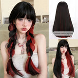 Qfdian 26Inch Black and Red Special Style Synthetic Wigs With Bang Long Straight Hair Wig For Women Daily Use Cosplay Heat Resistant