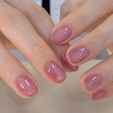Qfdian 24Pcs Nude Pink Nail Tips Short Round Head False Nails with Design Wearable Finished Fake Nails Full Cover Press on Nails