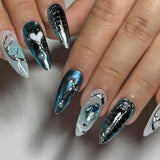Qfdian  24pcs Long Stiletto Press on Nails Hot Girl Almond False Nails Nude Flower Rhinestones Full Cover Fake Nail Finished Manicure