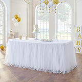 Qfdian  White Sheer Table Skirt, Rectangular Round Table, 2-Layer Pleated Sheer Skirt Decoration, Wedding Birthday Party, Baby Shower, Cake, Dessert Table