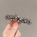 Qfdian  Sparkling Black Crystal Glass Flower Spring Loaded Hair Clip for Women Girls Back Head Bun Top Barrette Temperament Daily Party