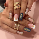 Qfdian  24pcs Glitter Short Square Fake Nails Sets Rhinestones French Design False Nail Tips Reusable Pink Press on Nails Tips Manicure