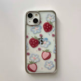 Qfdian 3D strawberry chain painting blue flower fruit phone case for iphone 12 15promax 14pro 13pro 15 pro max ins plating cover coque