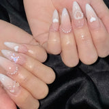 Qfdian  24pcs Press on Fake Nails Set Almond Wearable Simple French Flower False Nail Art Gold Beads Design Diamond Manicure Tips