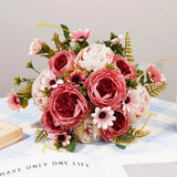Qfdian  Decorative Flowers Silk Peony Artificial Daisy High Quality Red Bride Bouquet Wedding Decor Fake Flower Home boda Accessories