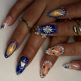 Qfdian  24pcs Simple Blue Bowknots Press On Nails Glossy White Edge French Style Flower Brid Pattern Spring False Nails Almond Fake Nail