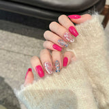 Qfdian Handmade Press On Nails Flash Glossy Red Cat's Eye False Nail Tips With Glitter Wave Point Designs Short Wearable Fake Nail