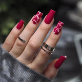 Qfdian 24Pcs Mid-length Ballet False Nails with White Wave Line Design Pink French Press on Nails Wearable Coffin Full Cover Fake Nail