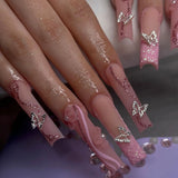 Qfdian  24Pcs Long Coffin False Nails Pink French Flowers Design Fake Nail with Butterfly Rhinestone Wearable Ballet Press on Nails