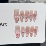 Qfdian  10pcs Handmade Pink Bow Pearl Fake Nails Sweet Shiny French Press on Nails for Lady Girl Wearable Korean Girl Fake Nail Tips