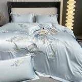 Qfdian 4Pcs New Chinese Style Landscape Embroidery Luxury Bedding Set Silky Duvet Cover Set Soft Quilt Cover Set Bed Sheet Pillowcases
