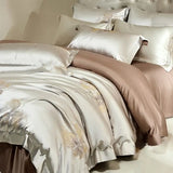 Qfdian Flower Jacquard Color Blocking Luxury Bedding Set Lyocell Cotton Soft Silky Duvet Cover Flat/Fitted Bed Sheet Pillowcases 4Pcs
