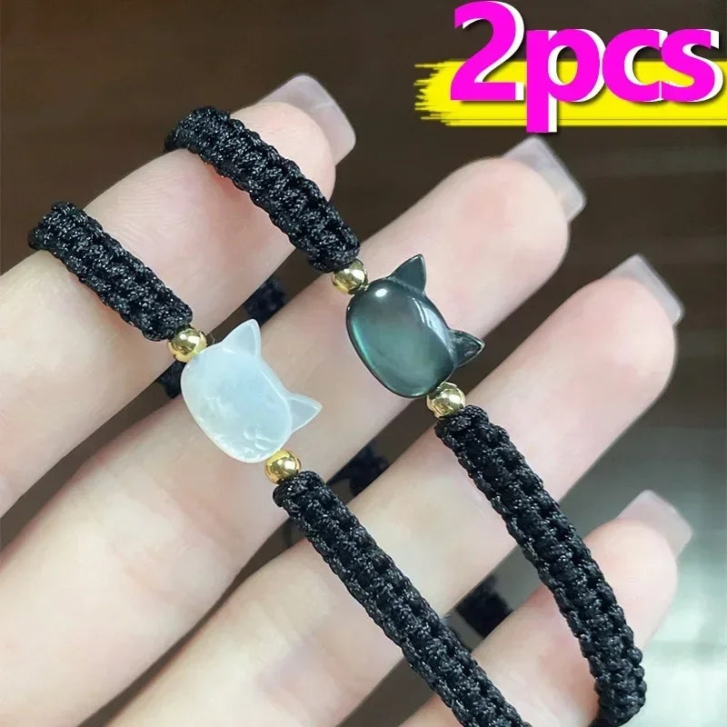 1/2Pcs Moonstone Obsidian Bracelets Minimalist Fidget Bangle For Lovers Handmade Cute Black White Cat Party Accessories Jewelry