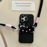 Qfdian Cute 3d colorful cat anti-fall rope fundas for iphone 12pro 15 pro max 13pro 14promax 15pro 12 14 13 black white phone case