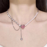 Qfdian  Kpop Vintage Goth Punk Heart Pendant Chain Pearl Metal Necklace For Women Collares Aesthetic Grunge EMO Jewelry Y2K Accessories